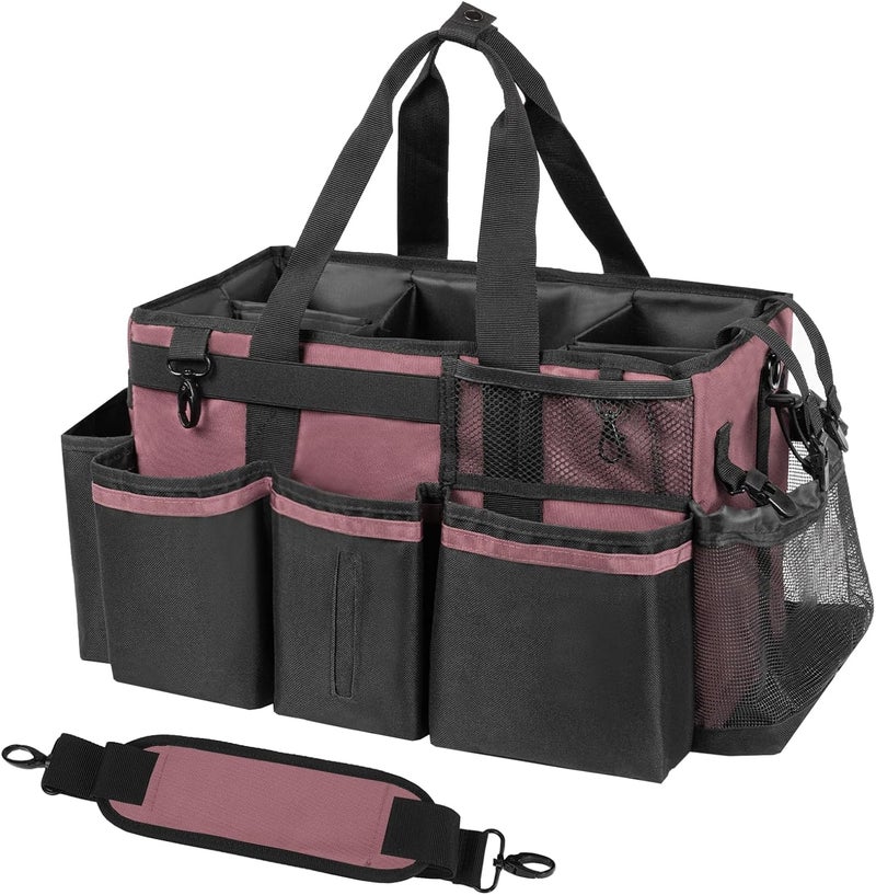 SCAVATA Wearable Cleaning Caddy, Cleaning Caddy Supplies Organizer with Handle & Shoulder Straps for Housekeepers, Under Sink & Car Cleaning Tool Organizers Bag with 4 Foldable Divider (LotusPink) - Image 1